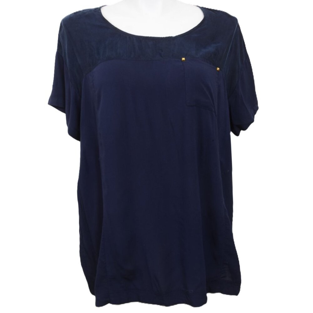 Soft Surroundings PLUS 1X Navy Blue Scoop Neck Pocket Tee Nautical Top Vacation
